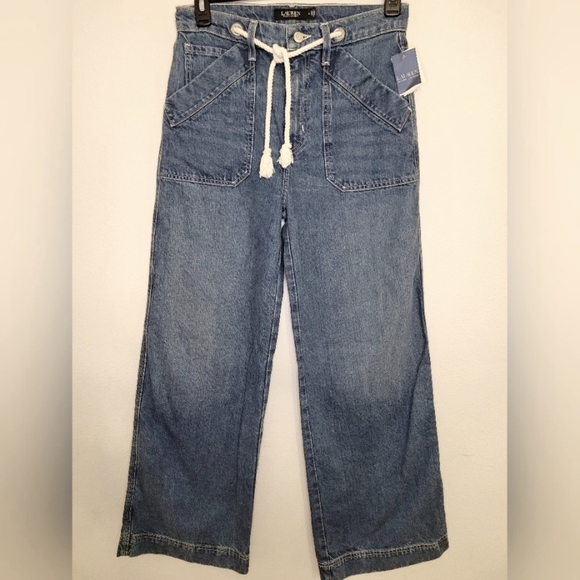 NWT Lauren Ralph Lauren Highrise Wideleg Blue Baggie Jeans Rope Drawstring Sz 6 - Picture 3 of 13